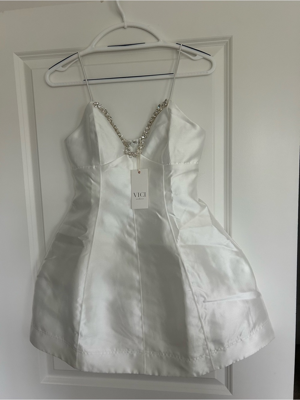 Vici Ivory Satin Beaded V-Neck Mini Dress